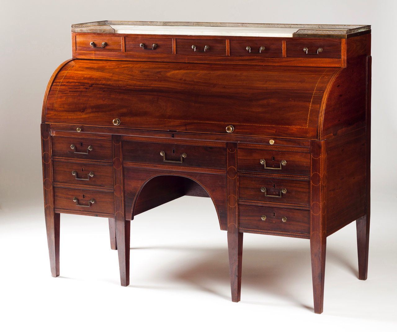 A Louis XVI style secrétaire à cylindre Mahogany Marble top with gallery Decorated with satinwood