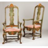 A pair of D. João V (1706-1750) armchairs Carved, painted and gilt wood Pierced and scalloped