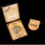 A pocket watch, LONGINES 18kt gold case Metal dial with black arabian numbers, second window at