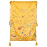 A Chinese silk bag Yellow silk Embroided decoration depicting landscapes with Oriental figures,