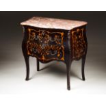 A small Louis XV style commode Rosewood veneered rosewood Thornbush marquetry decoration depicting