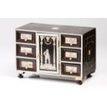 A small Renaissance cabinet Ebonized wood Engraved ivory and tortoiseshell marquetry decoration With