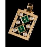 A pendant Set in gold with eight square cut emeralds and six brilliant cut diamonds (ca. 0,90ct)