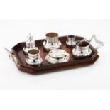 An Art Deco smoking set, GUIA Portuguese silver Comprising: an octogonal rosewood tray with silver