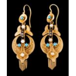 A pair of earrings in the romantic style Traditional gold with engraved and enamelled decoration,