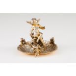 A triple bowl Gilt silver decorated in relief and chased with angel holding butterfly, angel