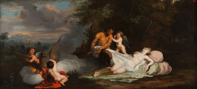 European school of the 18th century Jupiter and Antiope, mythological scene Oil on canvas 59x127 cm