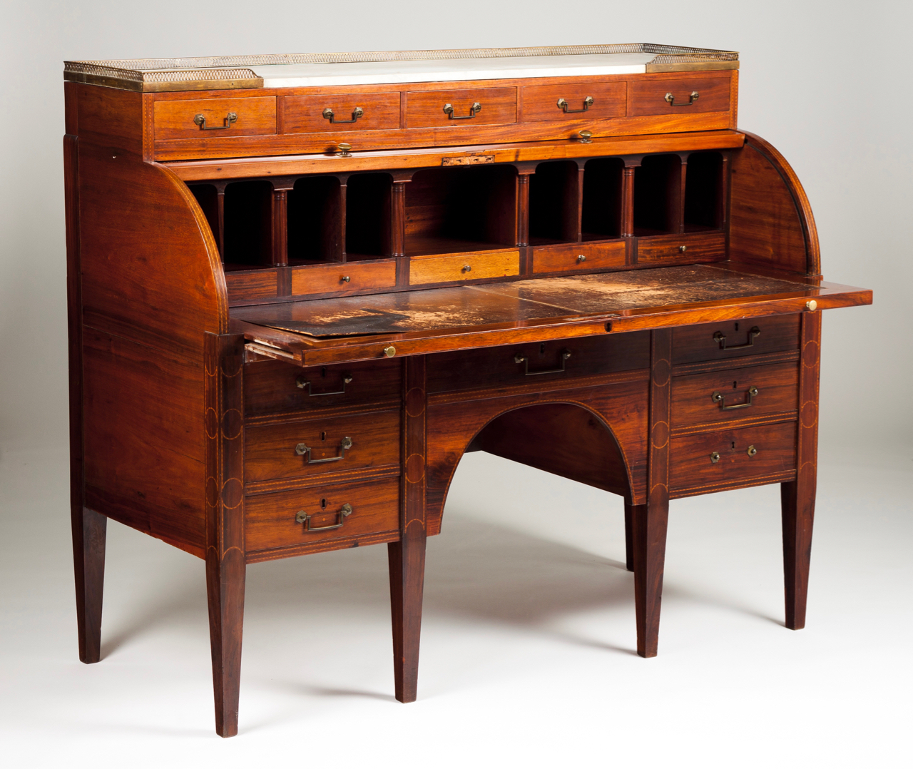 A Louis XVI style secrétaire à cylindre Mahogany Marble top with gallery Decorated with satinwood - Image 2 of 2