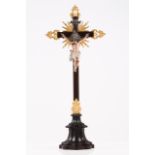 Crucified Christ Polychrome wood sculpture Carved and gilt wood cross and plinth Silver cartouche