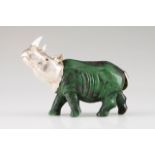 A Rhino, LUIZ FERREIRA A green hardstone and silver sculpture, ivory hornx Porto assay mark (after