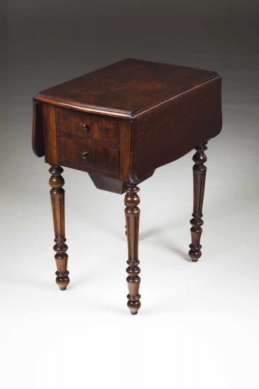Working table Mahogany and burr mahogany Two folding boards, two drawers, side compartment and wool