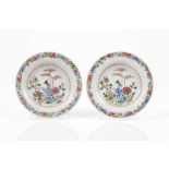 A pair of plates Chinese export porcelain Polychrome Famille Rose decoration depicting garden view