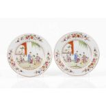 A pair of plates Chinese export porcelain Polychrome Famille Rose decoration depicting Chinese