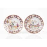 A pair of plates Chinese export porcelain Polychrome Famille Rose decoration depicting Chinese