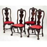 A set of four D. José style chairs Rosewood Pierced and scalloped backs Red silk upholstery