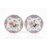 A pair of plates Chinese export porcelain Polychrome Famille Rose decoration depicting floral