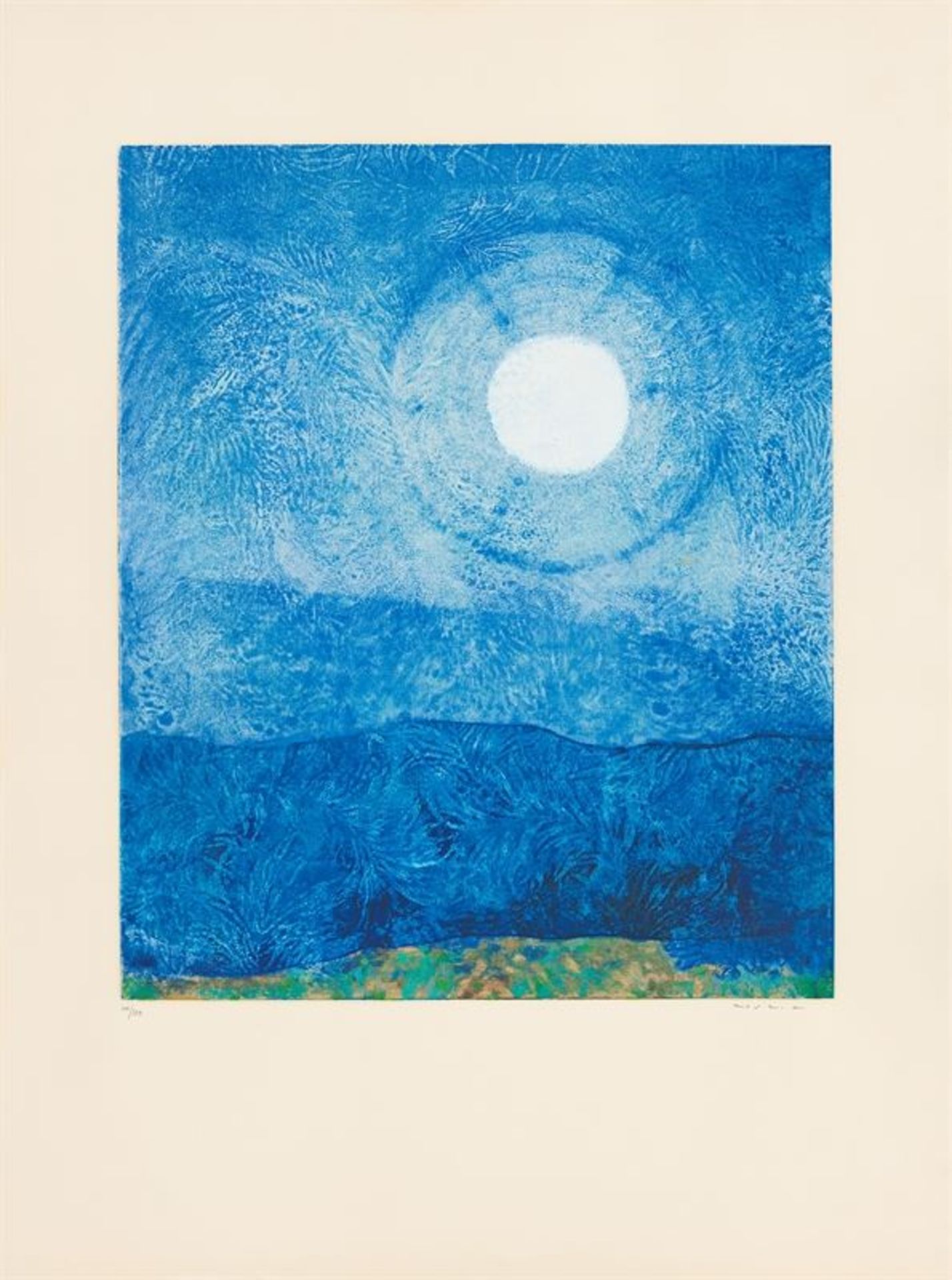 Max Ernst (Brühl 1891 – 1976 Paris) "Ein Mond ist guter Dinge". 1970 Farbserigrafie auf festem