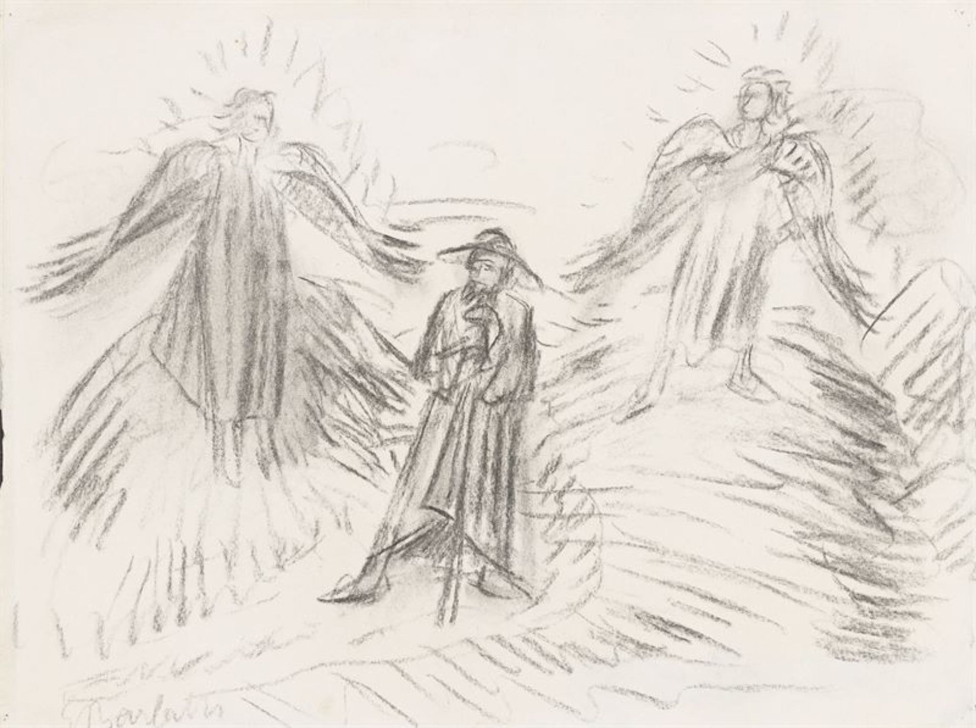 Ernst Barlach (Wedel 1870 – 1938 Rostock) Reisender mit zwei Engeln. 1924 Kohle auf Velin. 23,8 ×