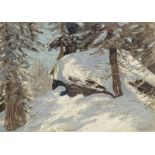 Hans am Ende (Trier 1864 – 1918 Stettin) Lärche im Schnee. Um 1910 Öl auf Leinwand, auf Karton
