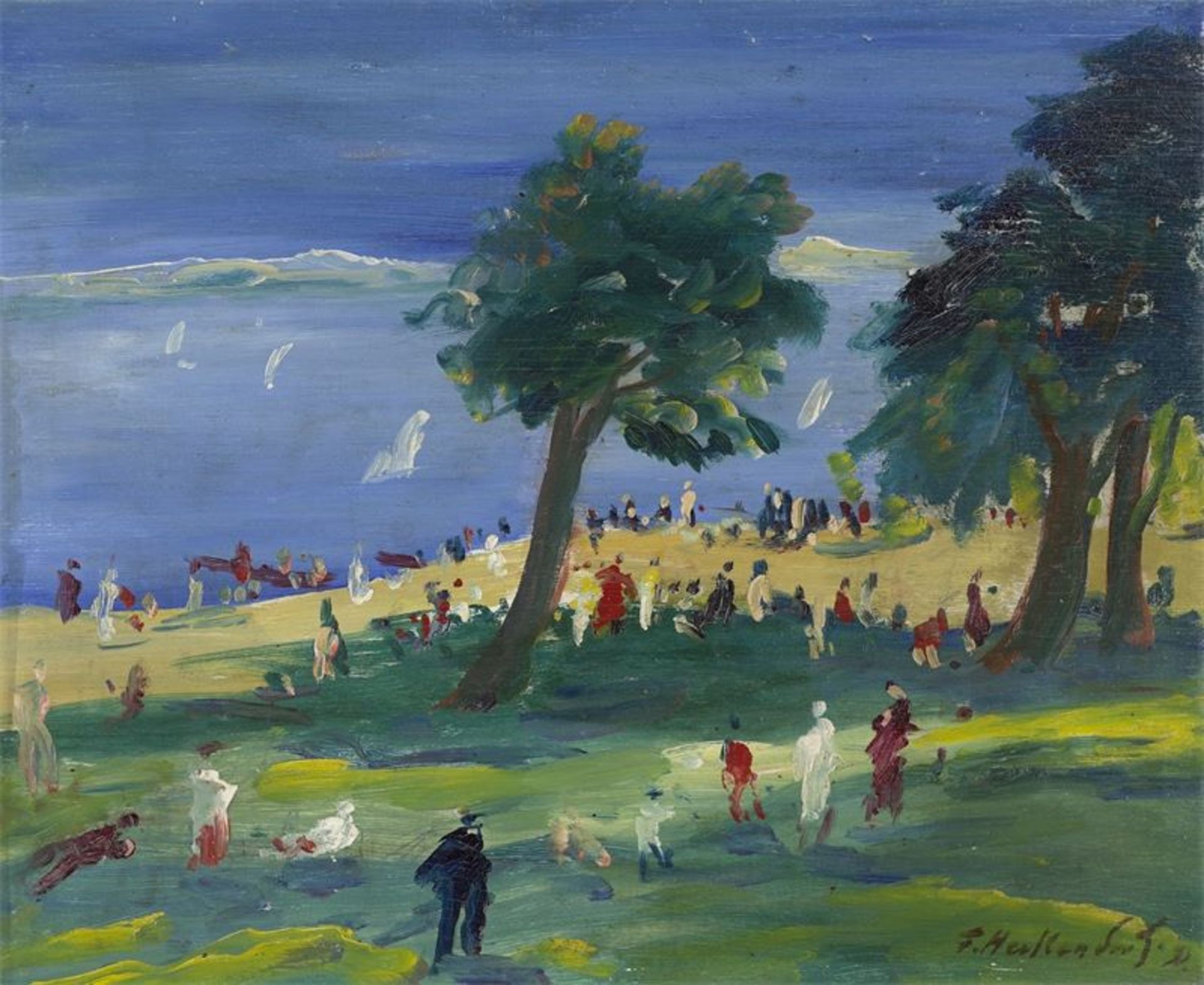 Franz Heckendorf (Berlin 1888 – 1962 München) Spaziergänger am See. 1931 Öl auf Holz. 40 × 49 cm (