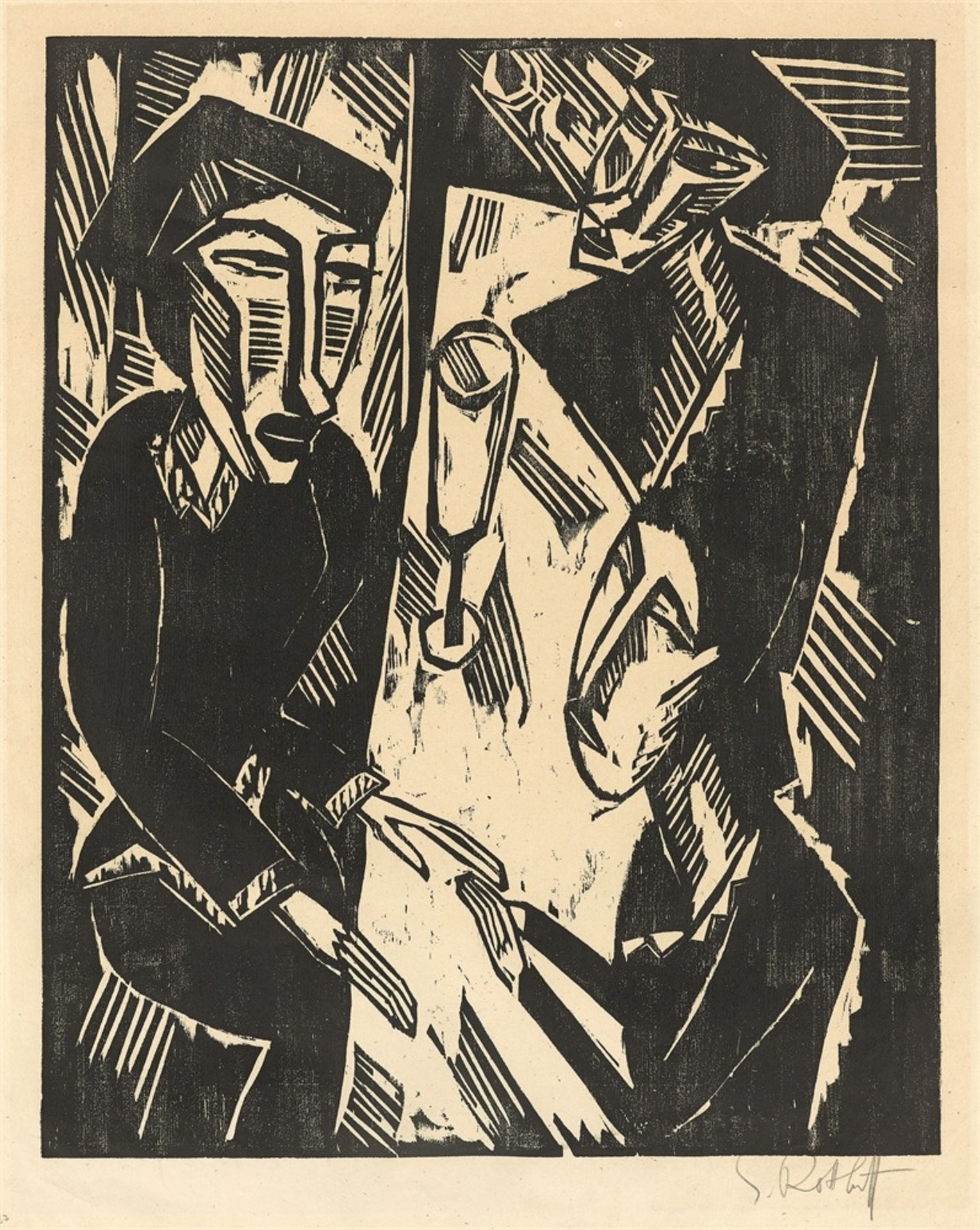 Karl Schmidt-Rottluff (Rottluff 1884 – 1976 Berlin) „Drei am Tisch“. 1914 Holzschnitt auf Papier.