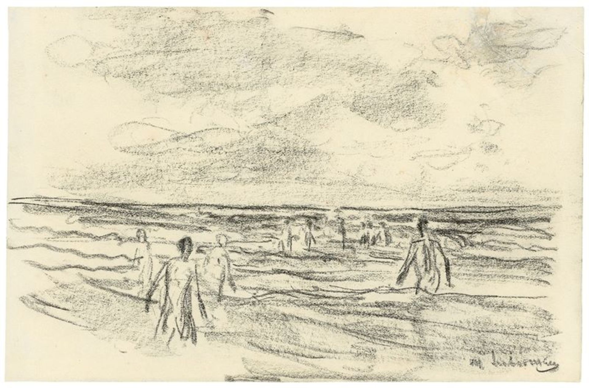 Max Liebermann (1847 – Berlin – 1935) Badende im Meer. Um 1910 Kohle auf Papier, auf Japanpapier