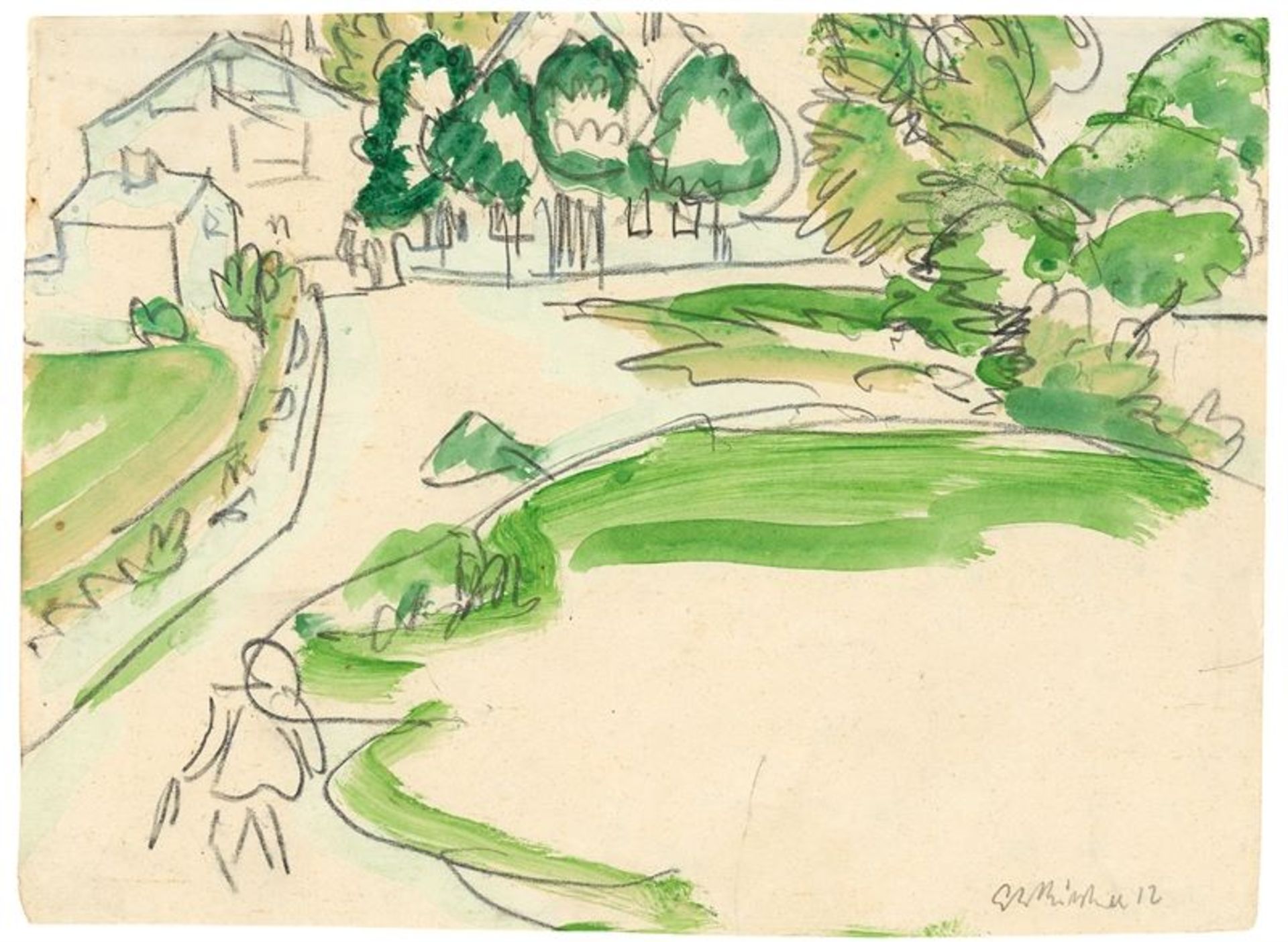 Ernst Ludwig Kirchner (Aschaffenburg 1880 – 1938 Davos) Häuser und Garten. 1912 Aquarell und