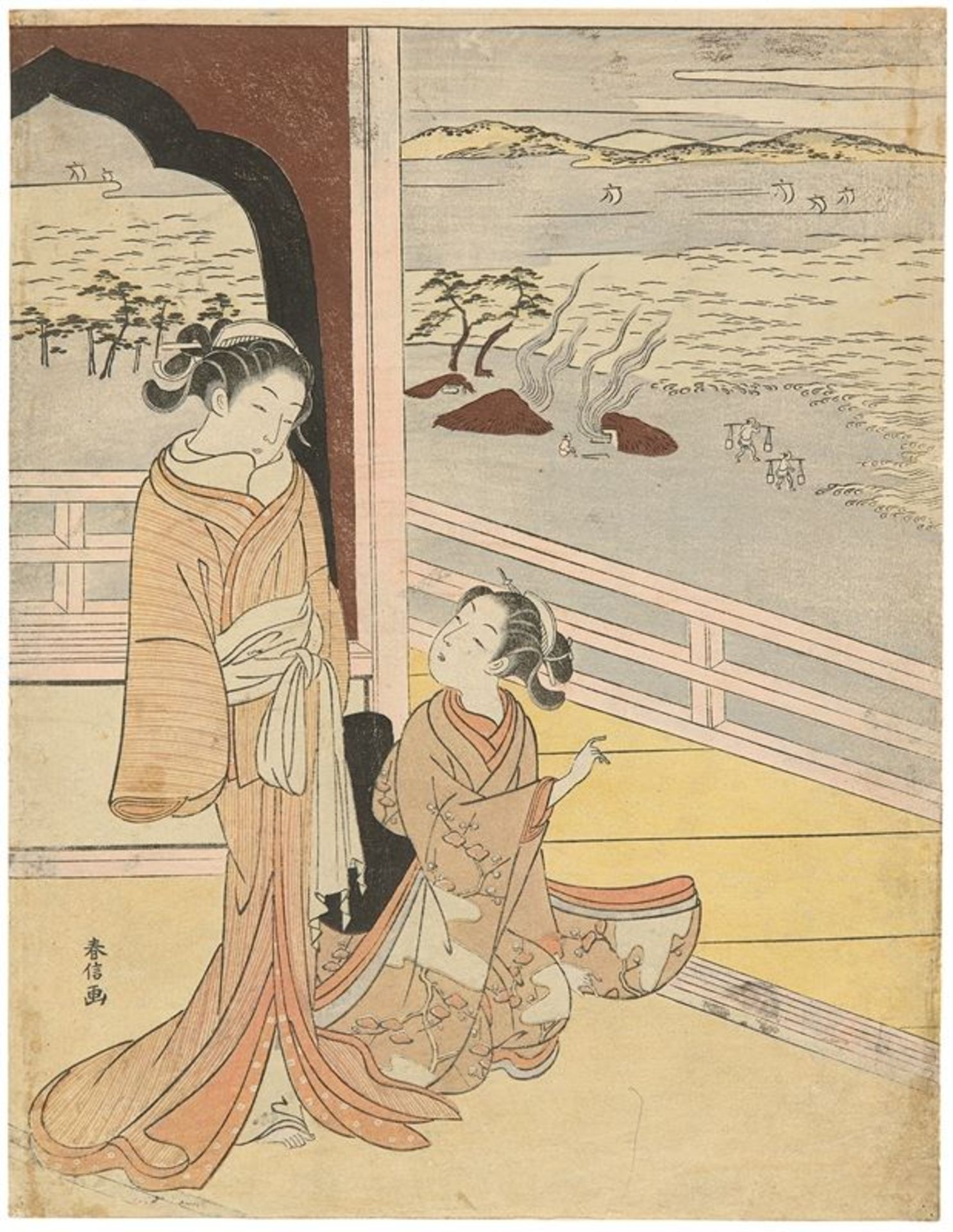 Suzuki Harunobu (1725 – Tokio – 1770) Salzbauern am Strand – 鈴木春信: 汐汲み. 1768 Farbholzschnitt auf