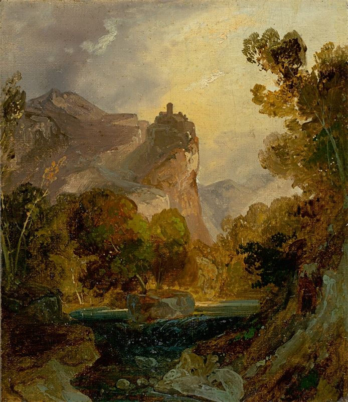 Carl Blechen (Cottbus 1798 – 1840 Berlin) „Ansicht eines Flußtals im Gebirge mit einer Burg auf