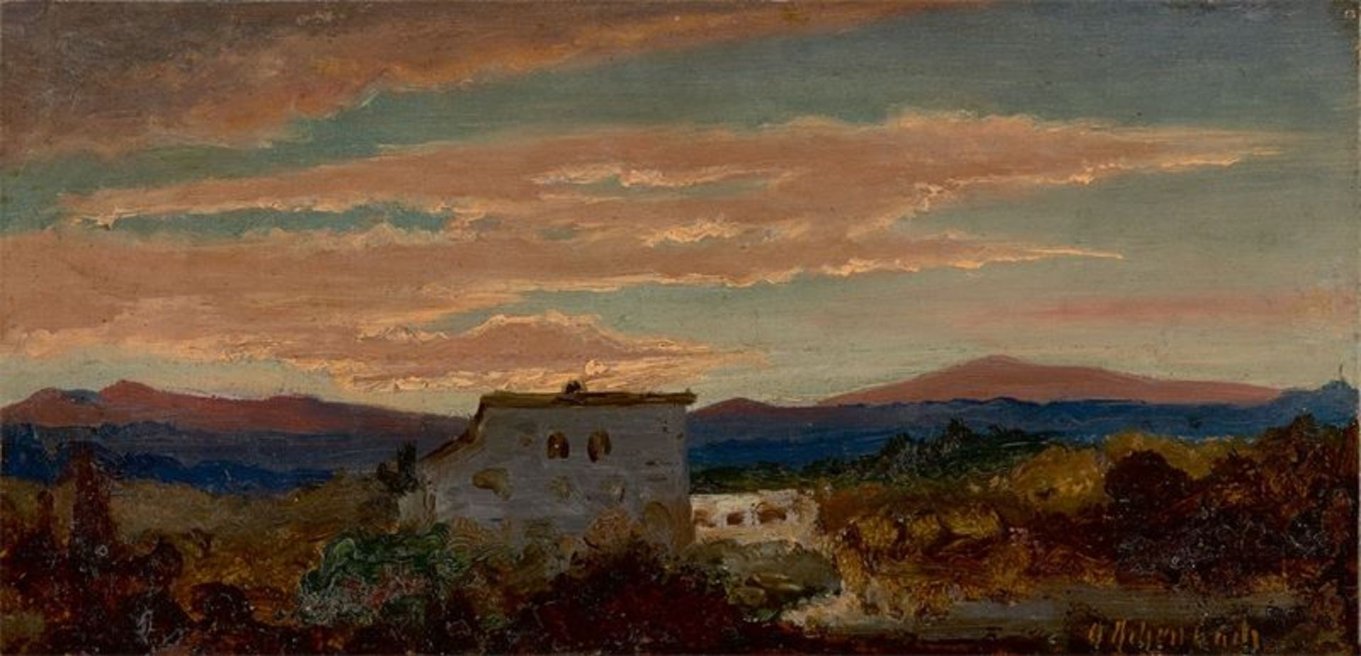Oswald Achenbach (1827 – Düsseldorf – 1905) Italienienische Landschaft am Abend. Öl auf Papier auf