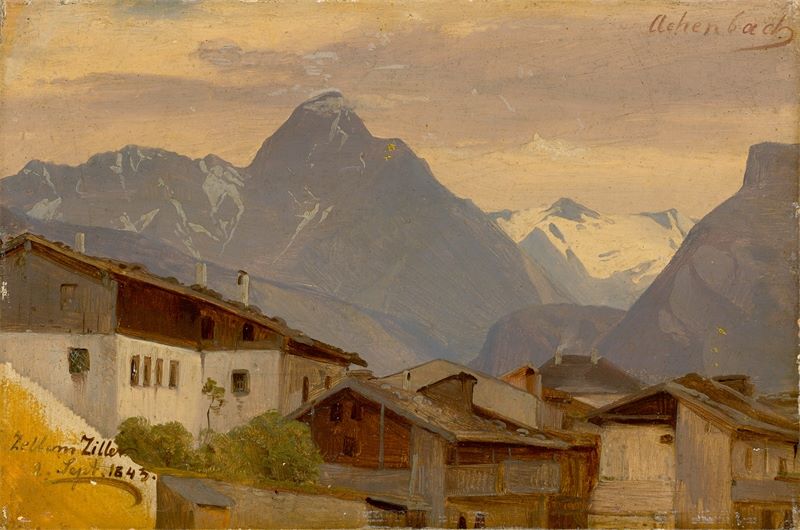 Oswald Achenbach (1827 – Düsseldorf – 1905) „Zell am Ziller“. 1843 Öl auf Papier auf Papier. 18,