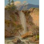 Deutsch, um 1830 () Wasserfall im Gebirge. Öl auf Papier auf Pappe. 33,8 × 26,8 cm ( 13 ¼ × 10 ½