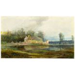 Carl Blechen (Cottbus 1798 – 1840 Berlin) Teich mit Wald und Häusern. Aquarell auf Papier. 14,4 ×