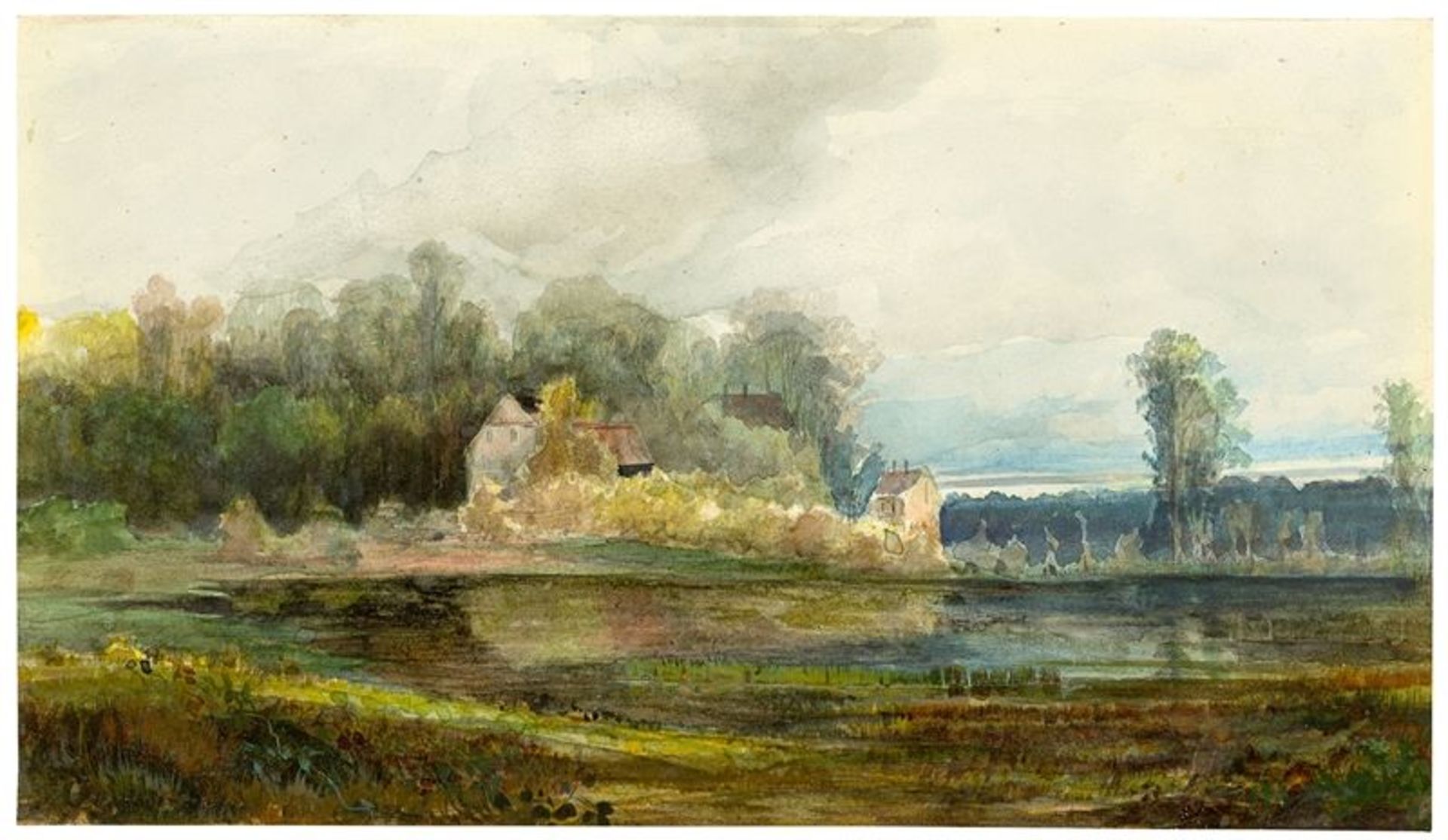 Carl Blechen (Cottbus 1798 – 1840 Berlin) Teich mit Wald und Häusern. Aquarell auf Papier. 14,4 ×