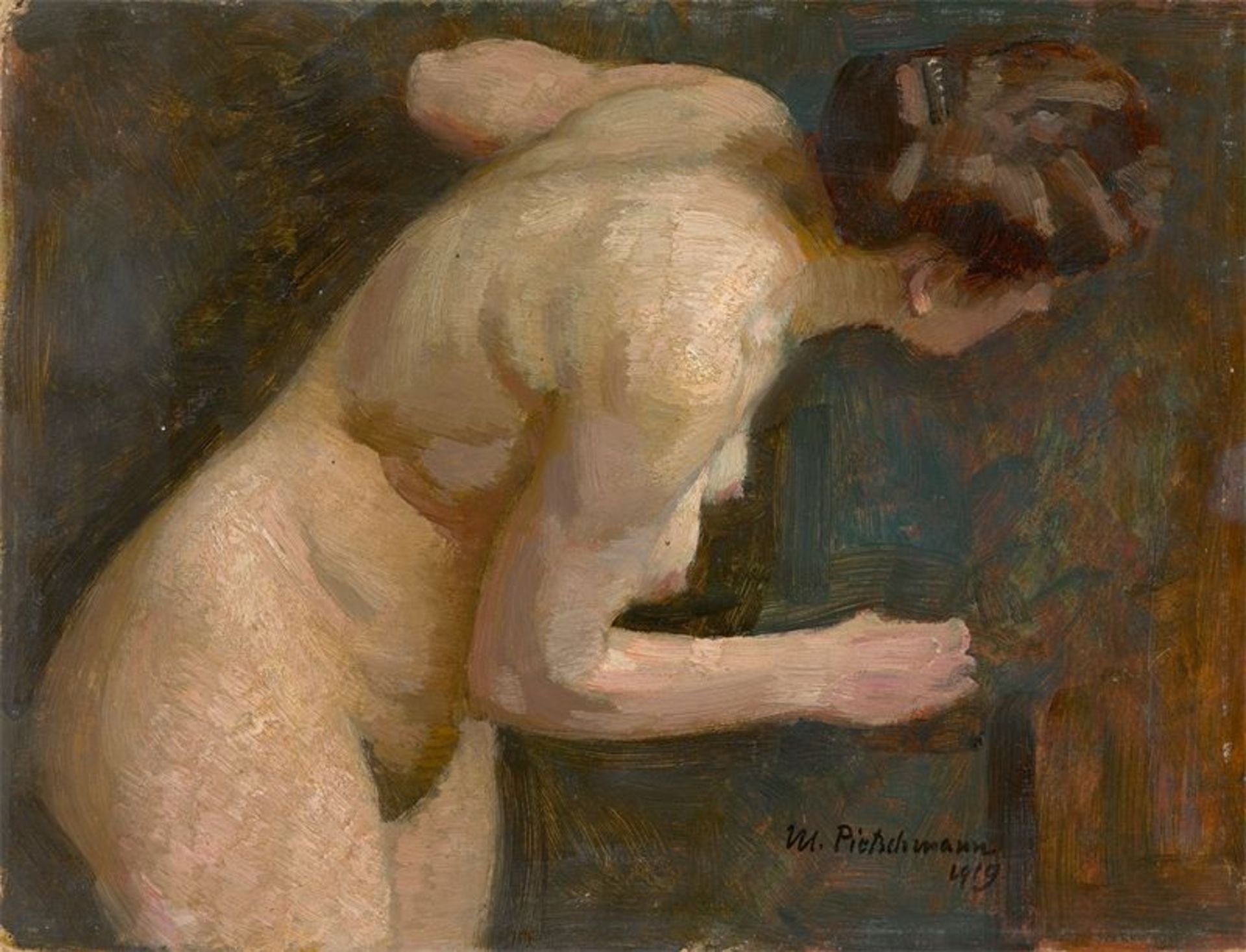 Max Pietschmann (1865 – Dresden – 1952) Stehender weiblicher Dreiviertelakt. 1919 Öl auf Malpappe.