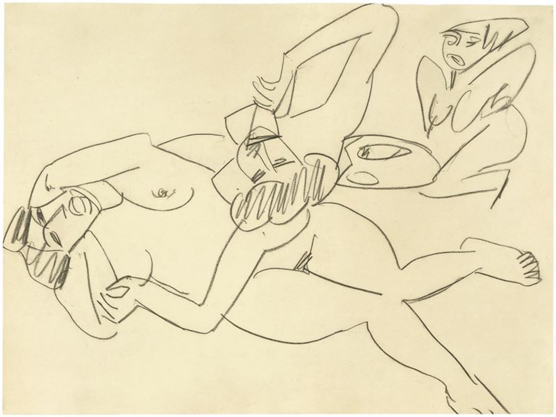 Ernst Ludwig Kirchner (Aschaffenburg 1880 – 1938 Davos) Zwei weibliche Akte mit Skulptur. 1910