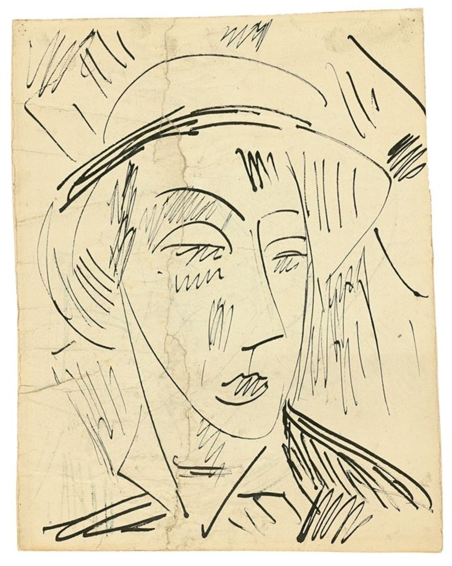 Raoul Hausmann (Wien 1886 – 1971 Limoges) Hannah Höch mit Hut. 1915 Tuschfeder auf Papier. 33,9 ×