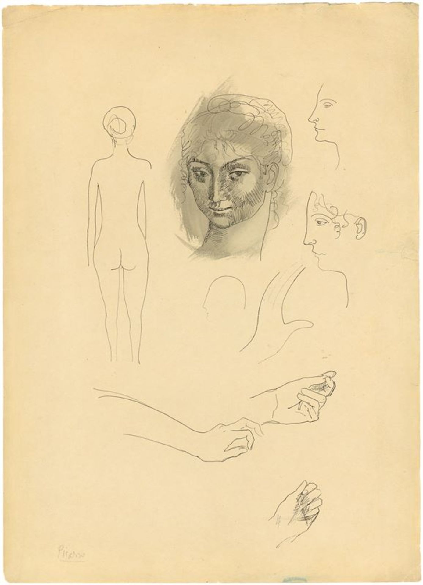 Pablo Picasso (Málaga 1881 – 1973 Mougins) Page d'album - „Études“. 1904 Tuschfeder, stellenweise