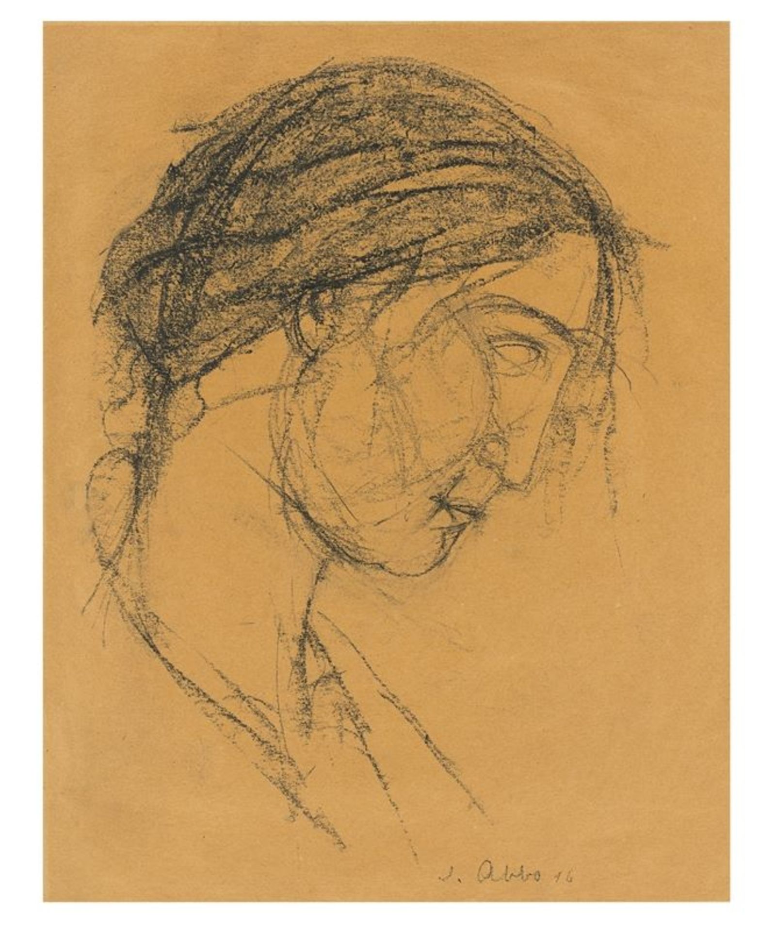 Jussuf Abbo (Safed/Palästina 1890 – 1953 London) Mädchenkopf im Profil nach rechts. 1916 Kohle auf