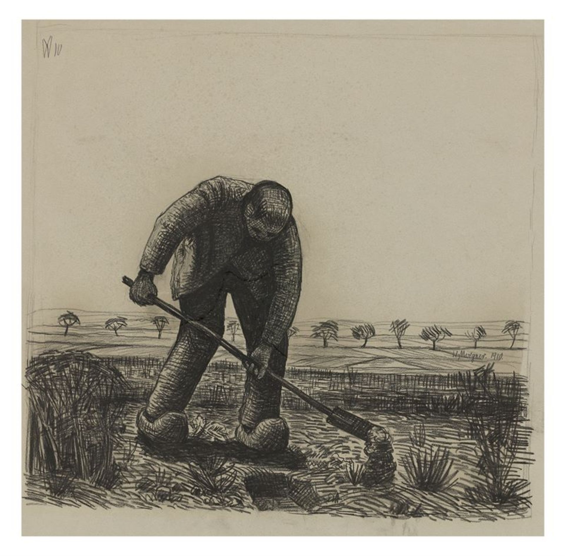 Wilhelm Morgner (Soest 1891 – 1917 Langemarck/Flandern) Bauer auf dem Feld. 1910 Kohle auf grauem