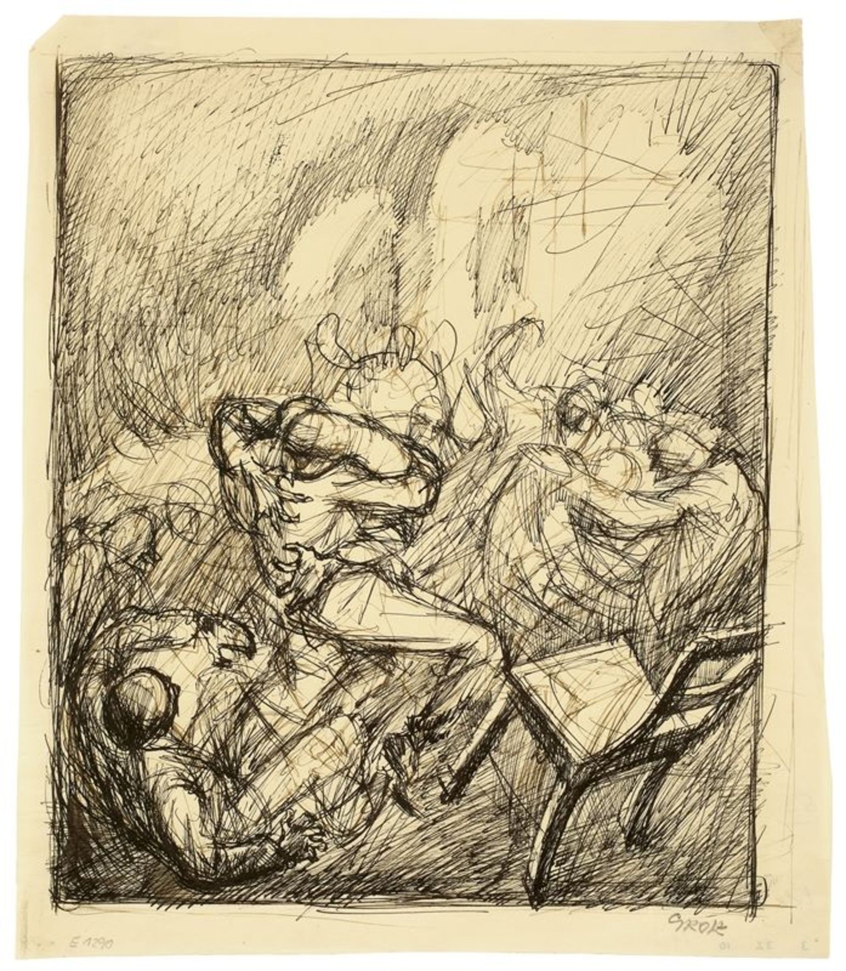 George Grosz (1893 – Berlin – 1959) Schlägerei. 1913 Tuschfeder in Schwarz und Braun auf dünnem