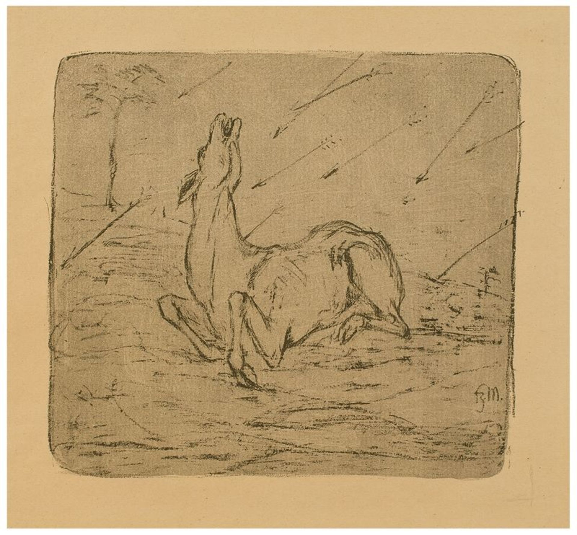 Franz Marc (München 1880 – 1916 Verdun) „Sterbendes Reh“. 1908 Lithografie mit grauer Tonplatte