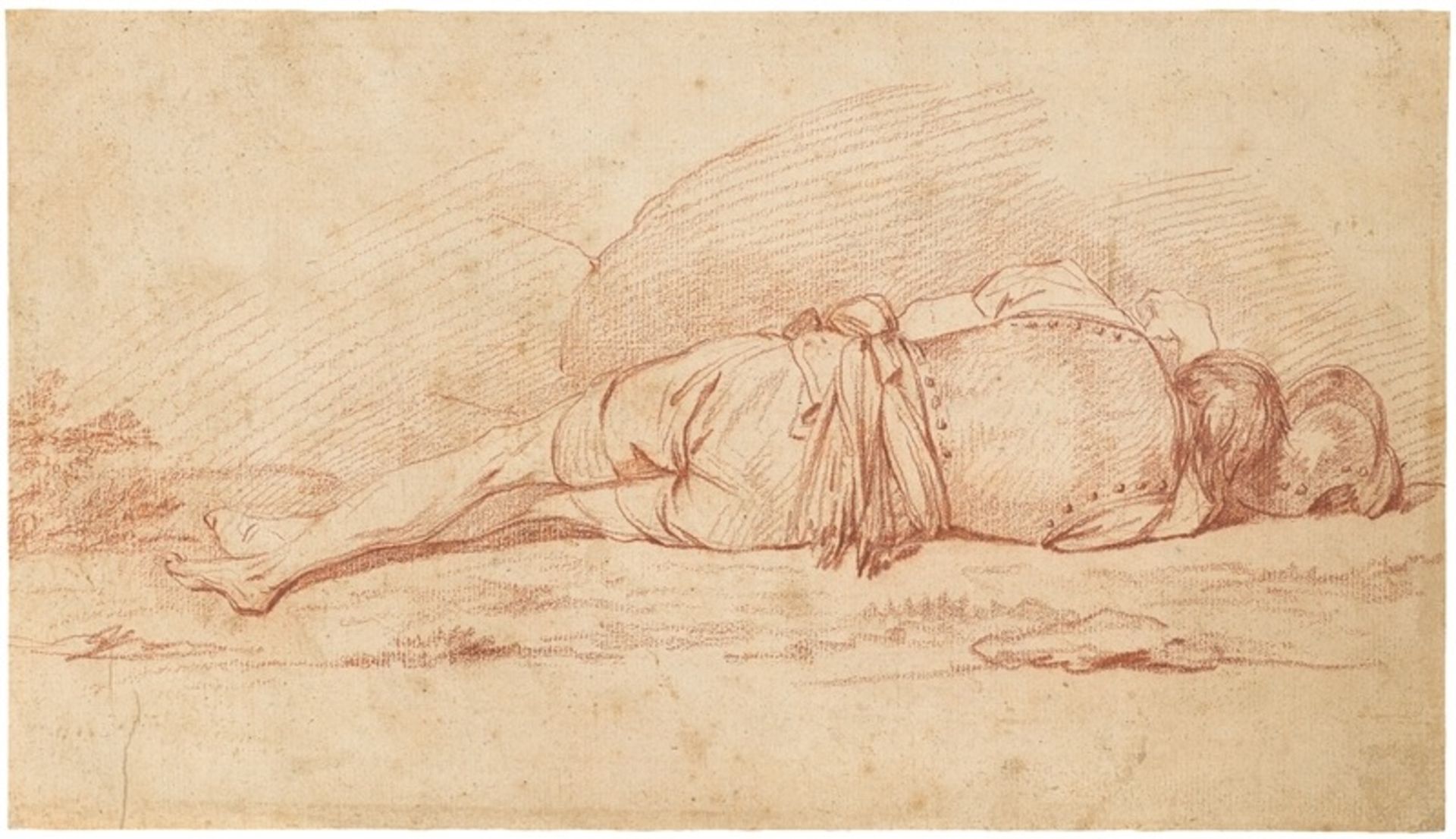 Französisch () Rückenansicht eines schlafenden Soldaten. Um 1770 Rötel auf Bütten. 19,7 × 34,5
