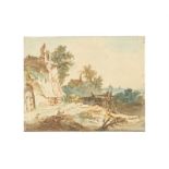 Holländisch () Ruinenlandschaft mit zwei Wanderern auf einer Brücke. 18. Jahrhundert Aquarell über