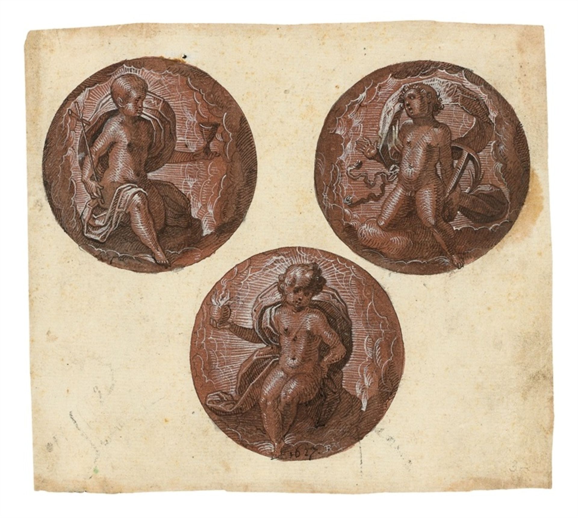 Rudolf Meyer (Schweiz 1605 – 1638) Fides, Spes und Caritas. 1627 Tuschpinsel in Farbe, Tuschfeder in