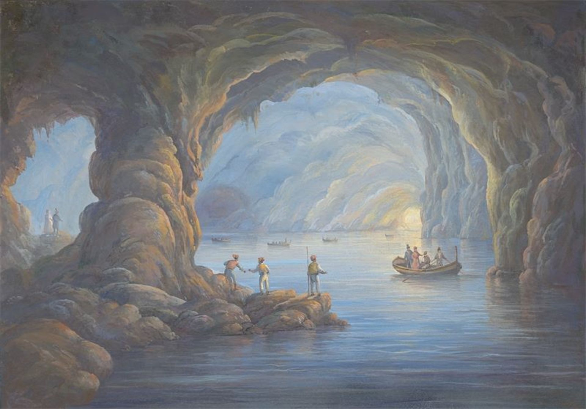Deutsch (?), um 1840 () Die Blaue Grotte auf Capri. Gouache auf Papier. 23 × 52,7 cm (33 × 42,7