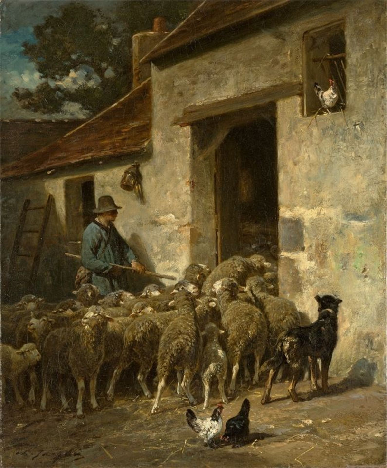 Charles Emile Jacque (1813 – Paris – 1894) An der Stalltür. Um 1876 Öl auf Leinwand. Doubliert. 65 ×