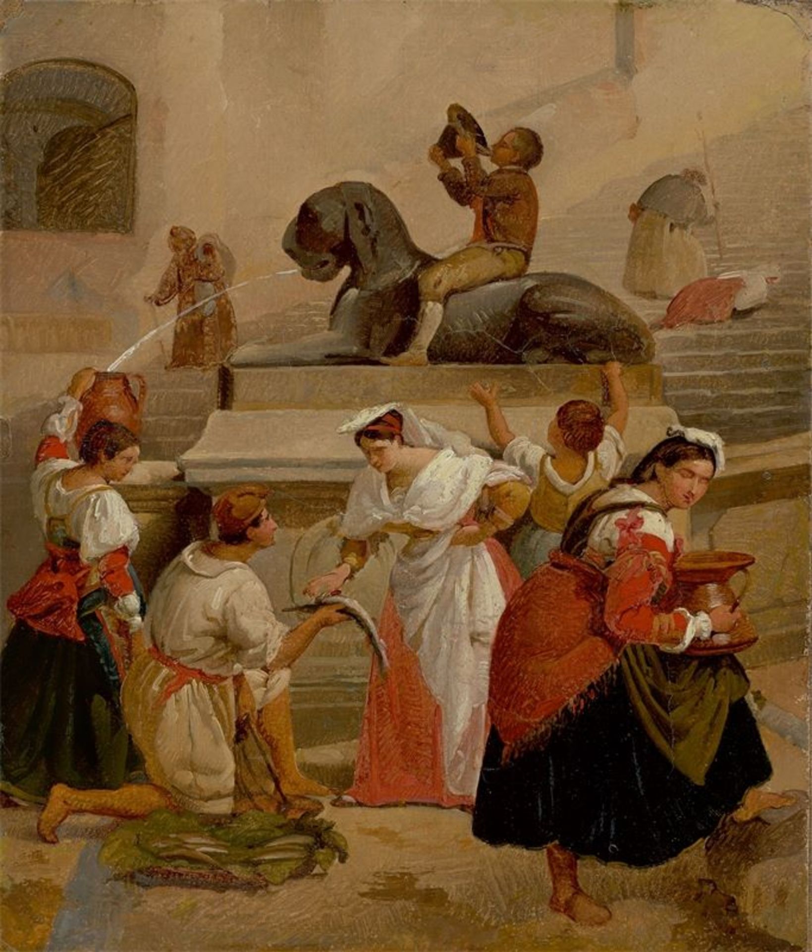 Deutsch (?), um 1830 ()Markttreiben an der Marmortreppe von Santa Maria in Aracoeli in Rom. Öl auf