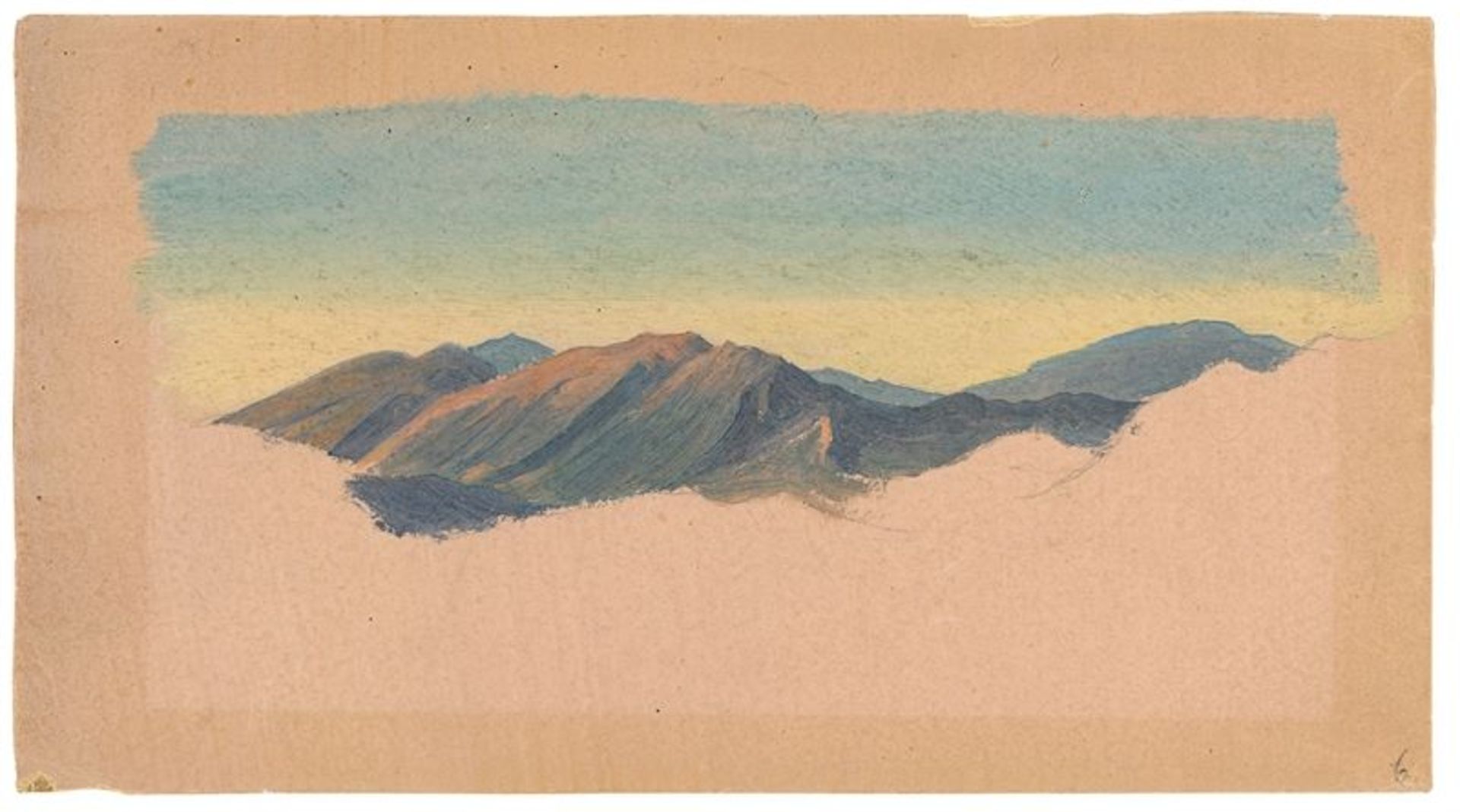 Deutsch, um 1830 () Berge bei Olevano. Öl auf rosafarbenem Papier. 12,1 × 22 cm ( 4 ¾ × 8 ⅝ in.). [