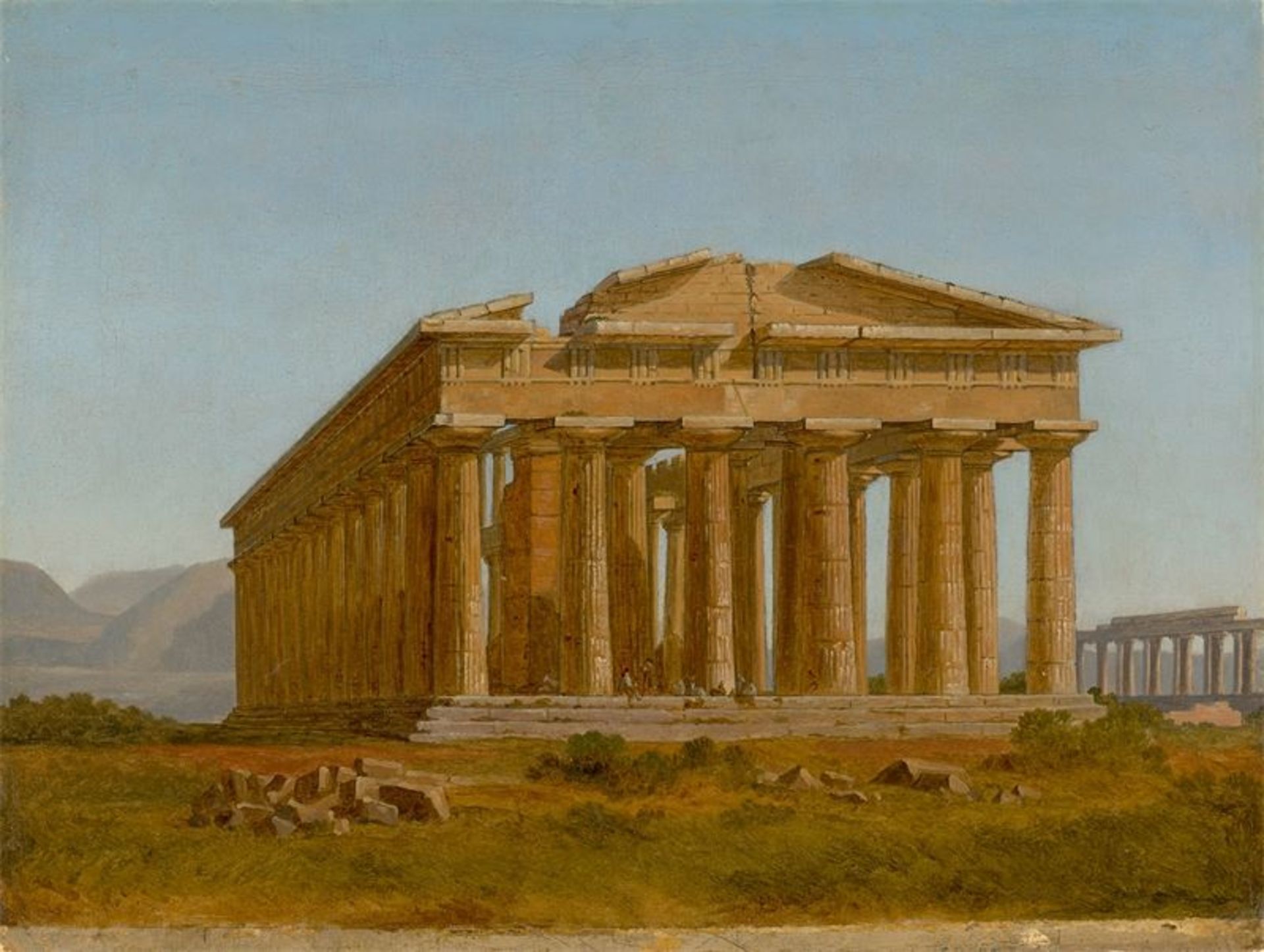 Deutsch/Dänisch, um 1830 () Tempel in Paestum. Öl auf Bütten, auf Leichtschaumplatte aufgezogen.